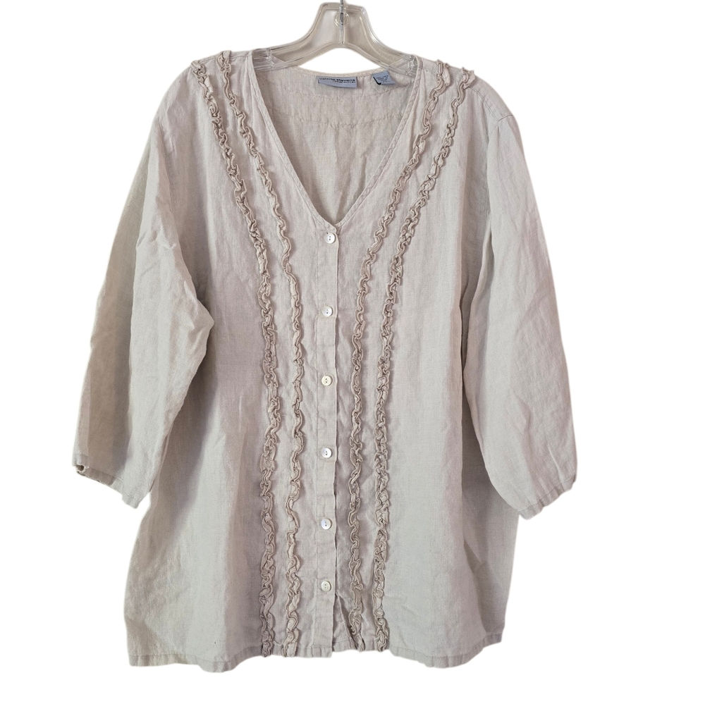Valerie Stevens Neutral Ruffled Button-Front V-Neck Blouse